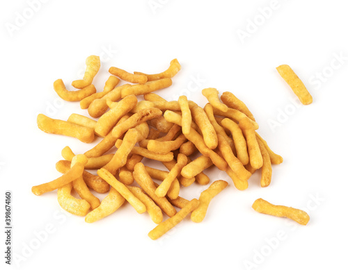 a bunch of french fries in batter on a white background