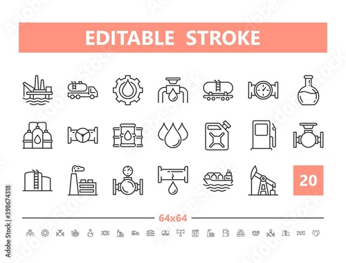 Fuel 20 line icons. Vector illustration in line style. Editable Stroke, 64x64, 256x256, Pixel Perfect.