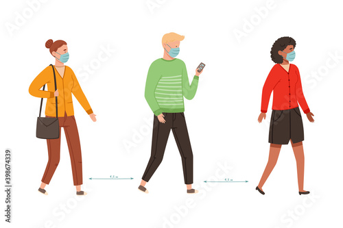 People Characters in Medical Masks Walking with Social Distance Vector Illustration