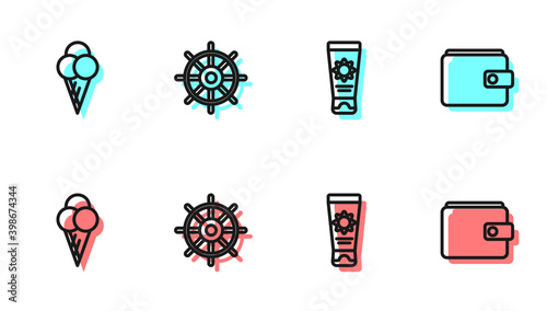 Set line Sunscreen cream in tube, Ice waffle cone, Ship steering wheel and Wallet icon. Vector.