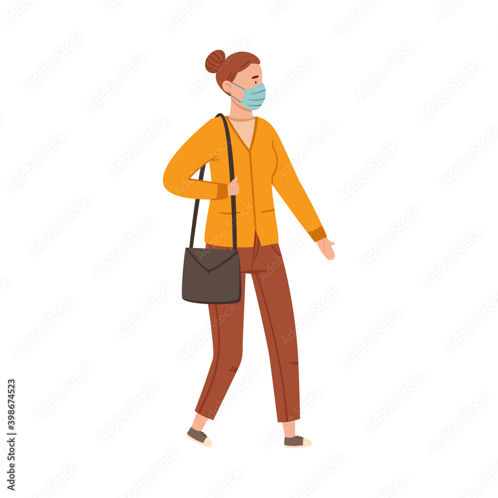 Woman in Protective Mask Walking Along the Street Vector Illustration