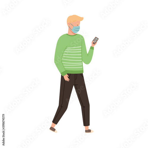 Man in Protective Mask Walking Along the Street Vector Illustration