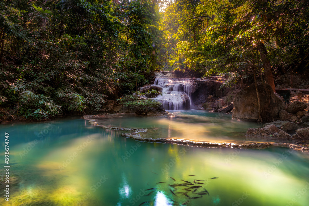Erawan Waterfall is a beautiful waterfall in spring forest in Kanchanaburi province, Thailand.