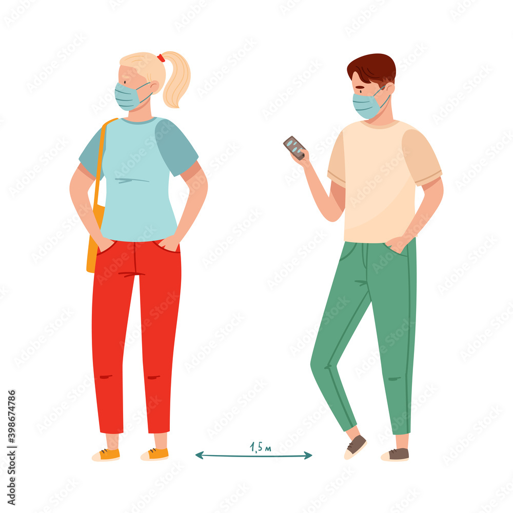 People Characters in Medical Face Mask Standing in Queue Social Distancing Vector Illustration People Characters in Medical Face Mask Standing in Queue Social Distancing Vector Illustration