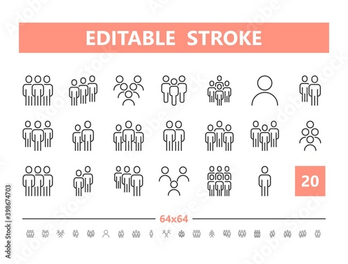 People 20 line icons. Vector illustration in line style. Editable Stroke, 64x64, 256x256, Pixel Perfect.