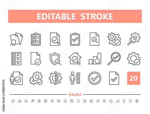 Inspection and Testing 20 line icons. Vector illustration in line style. Editable Stroke, 64x64, 256x256, Pixel Perfect.