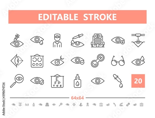 Eye doctor 20 line icons. Vector illustration in line style. Editable Stroke, 64x64, 256x256, Pixel Perfect.