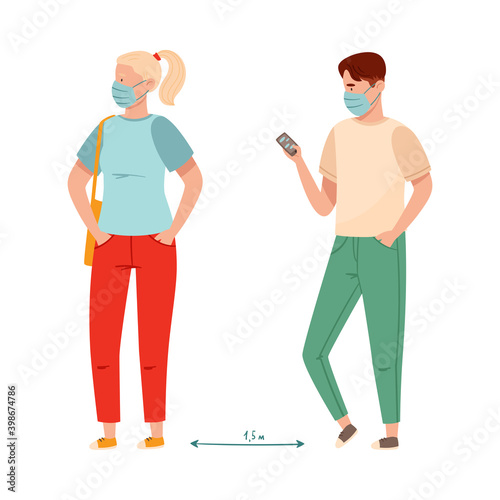 People Characters in Medical Face Mask Standing in Queue Social Distancing Vector Illustration