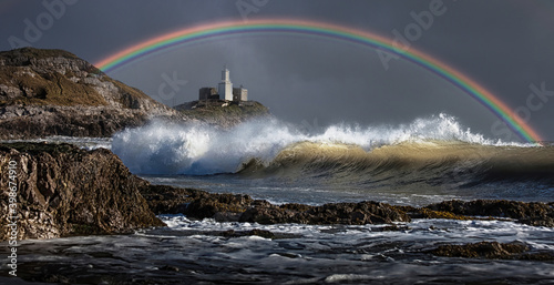 A rainbow over Mumbles lighthouse at Bracelet Bay on the Gower peninsula in South Wales, UK
