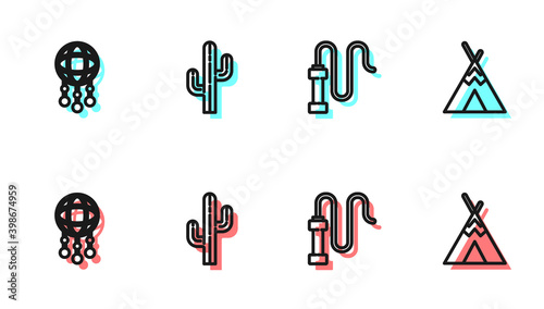 Set line Leather whip, Dream catcher with feathers, Cactus and Indian teepee or wigwam icon. Vector.