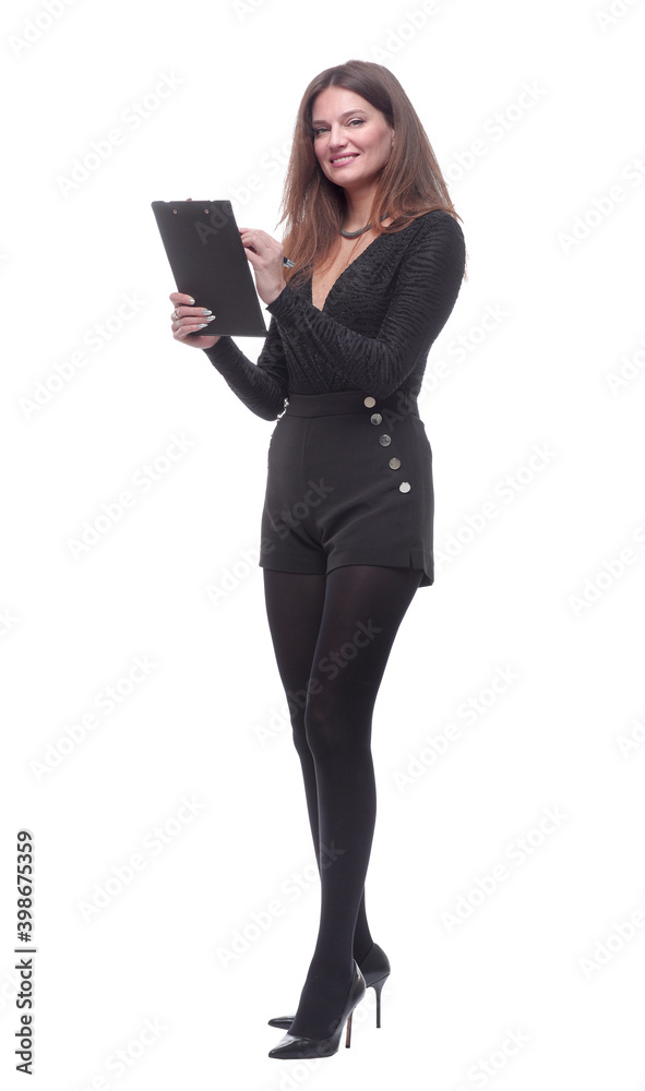 in full growth. young woman with clipboard looking at you. in full growth. young woman with clipboard looking at you.