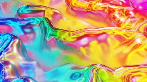 Looped abstract background. Beautiful iridescent wavy surface of liquid with pattern, gradient color and flow waves on it. Rainbow glossy and matt fluid. Creative bright bg with soft smooth animation.