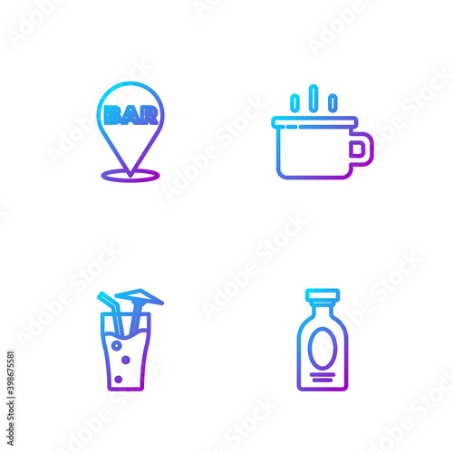 Set line Alcohol drink Rum, Cocktail, bar location and Coffee cup. Gradient color icons. Vector.