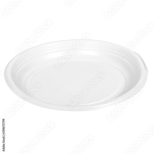 Round plastic disposable plate for fast food or picnic isolated on white