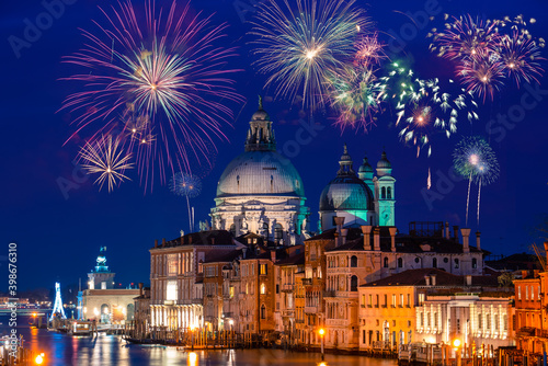 Fireworks near Basilica Santa Maria della Salute at Grand canal in Venice, Italy