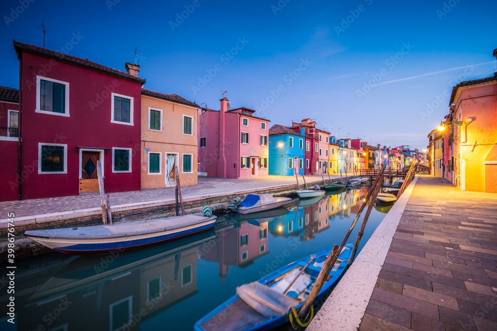 Architecture of Burano island at dusk in Italy