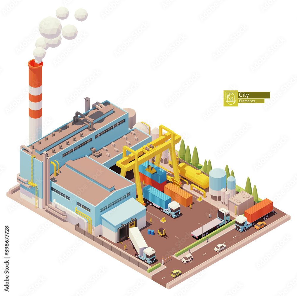 Vector isometric factory building. Factory or plant building exterior. Industrial facility. Gantry crane, smoking chimney, industrial equipment, loading docks and trucks. Isometric city map elements