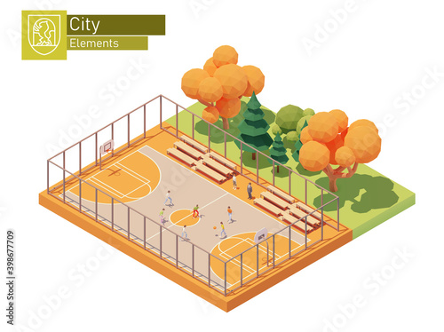 Vector isometric street basketball court. Streetball playground. Basketball players on the outdoor court. Sport field equipped with hoops and benches for spectators. Isometric city map elements