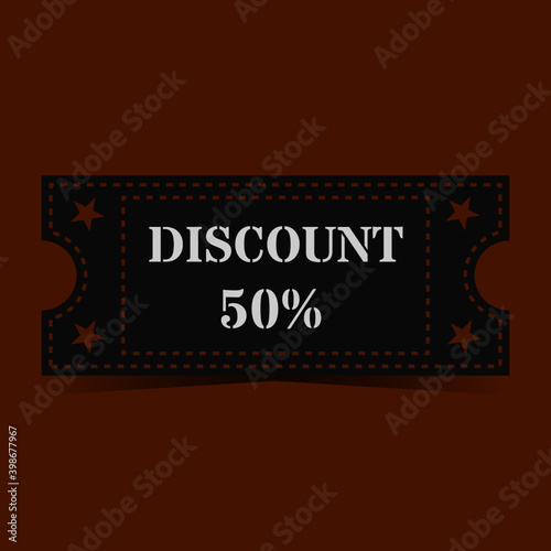 Vintage style 50 percent discount coupon with shadow. The color is black, dark gray on a brown background. Vector illustration.