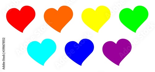 Vector image of seven multi-colored hearts. Hearts are symbols of love painted with bright colors of the rainbow. Multicolored background