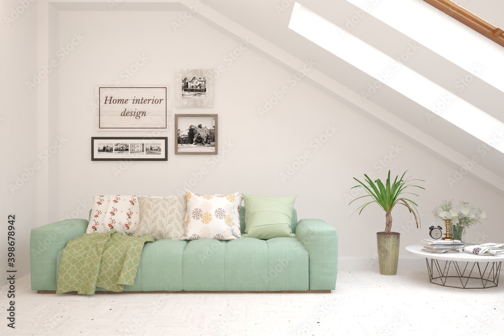 Fototapeta premium White living room with sofa. Scandinavian interior design. 3D illustration