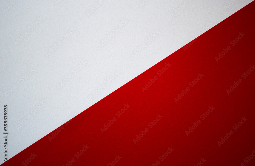 White and red divided background. Diagonally divided blank colored paper template