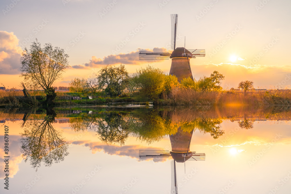 Kinderdijk windmill at sunset. Netherlands 