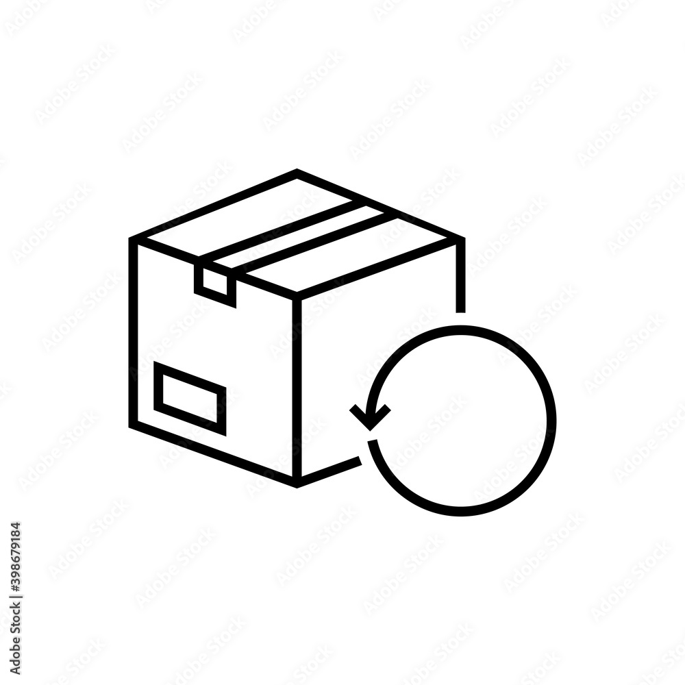 Logotipo devolucion gratis del envío. Icono caja de cartón con flecha girando con lineas en color negro