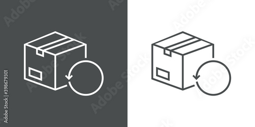 Logotipo devolucion gratis del envío. Icono caja de cartón con flecha girando con lineas en fondo gris y fondo blanco photo