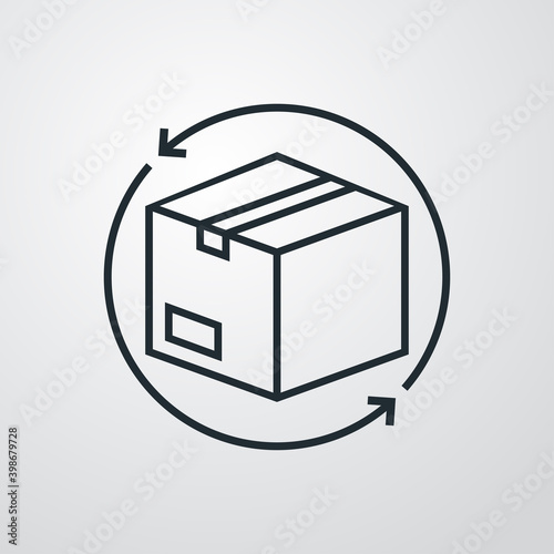 Logotipo devolucion gratis del envío. Icono caja de cartón con flecha girando alrededor con lineas en fondo gris photo
