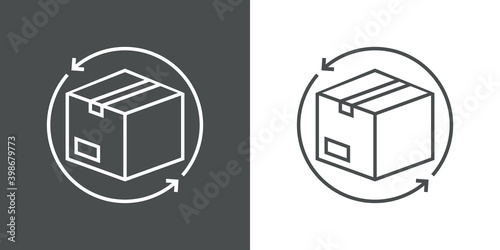 Logotipo devolucion gratis del envío. Icono caja de cartón con flecha girando alrededor con lineas en fondo gris y fondo blanco photo