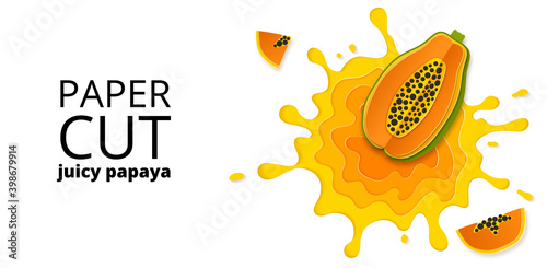 Papaya juice splashes and drops in a paper cut style. Papaya slices and paper slices. Stock vector illustration. Isolated on white background vector illustration. Vector paper cut poster, banner