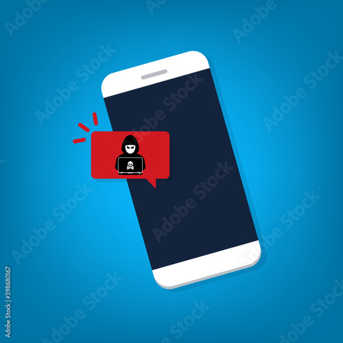 Malware notification on mobile phone. Smartphone with alert, spam data on cellphone fraud error message, scam, virus. Flat vector illustration.