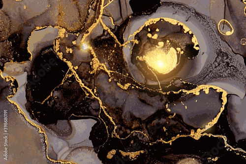 Black, yellow and gold geode. Marble abstract pattern. Alcohol ink technique stone texture. Vector background. Modern paint with glitter. Banner, poster design template.