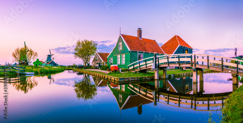Beautiful Dutch scenery of Zaanse Schans windmill village in Netherlands 