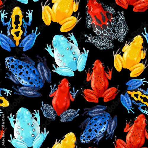 Vector seamless pattern with vivid tropical frogs