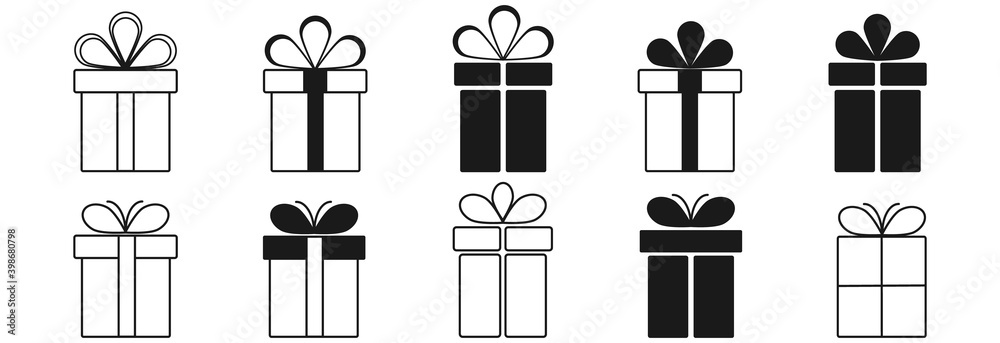 Gift box icon,presents in flat style .Surprise present linear design. Vector black gift icon set on white background. Gift box icon,presents in flat style .Surprise present linear design. Vector black gift icon set on white background.