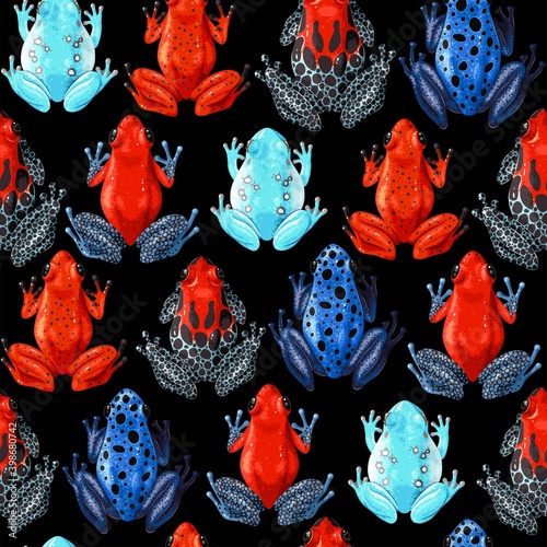 Vector seamless pattern with vivid tropical frogs