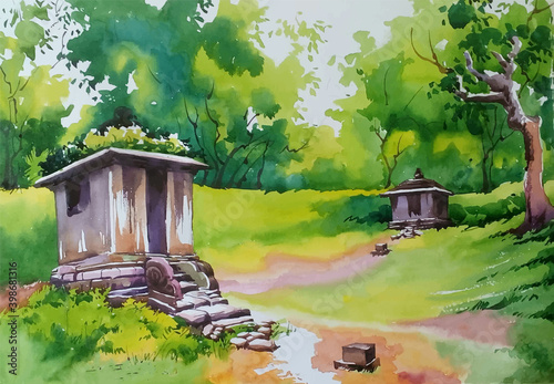 Hand drawn watercolor house in the forest illustration Premium Vector