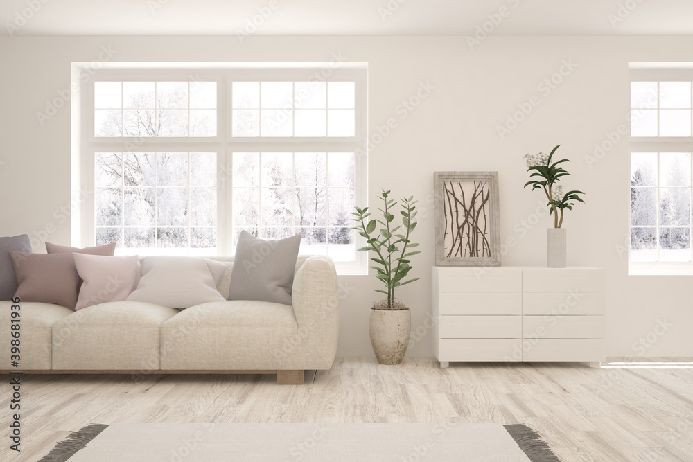 White living room with sofa and winter landscape in window. Scandinavian interior design. 3D illustration