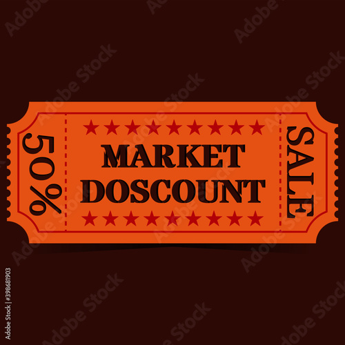 Orange, yellow 50 percent discount coupon in vintage style with shadow on brown background. Vector illustration.