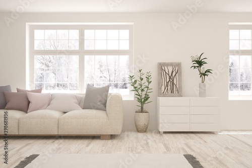 White living room with sofa and winter landscape in window. Scandinavian interior design. 3D illustration