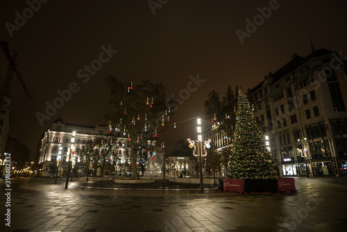 Empty christmas decoration streets, no people because of the second wave of covid-19, coronavirus curfew.