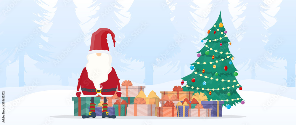 Winter in the forest, snow, a man with a white beard in red clothes. Santa Claus with a mountain of gifts and a Christmas tree. Good for postcards and books. Vector.
