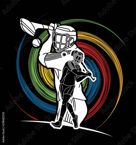 Group of Hurling sport players action. Irish Hurley sport cartoon graphic vector.