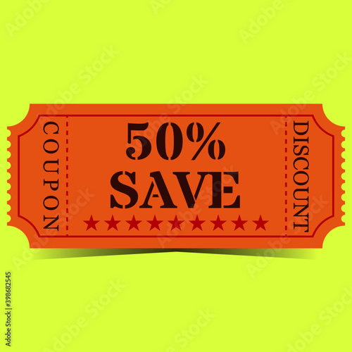 Orange, yellow 50 percent discount coupon in vintage style with shadow on yellow background. Vector illustration.