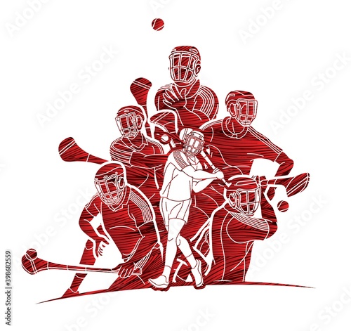 Group of Hurling sport players action. Irish Hurley sport cartoon graphic vector.