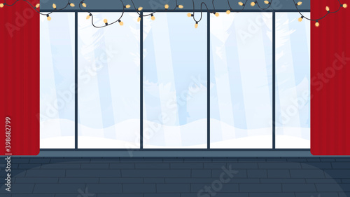 A party room with garlands, red curtains and a panoramic window overlooking the forest. For design on the theme of the new year. Vector.