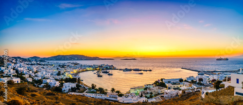 Panoramic sunset view of Mykonos island in Greece