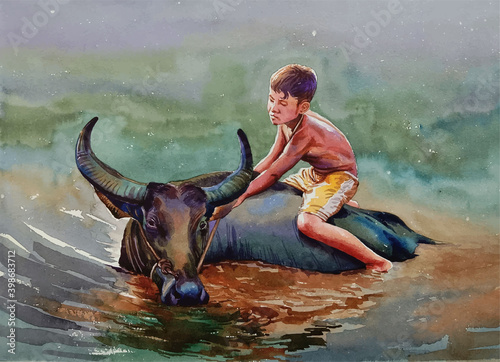 Watercolor buffalo in the water hand drawn illustration Premium Vector